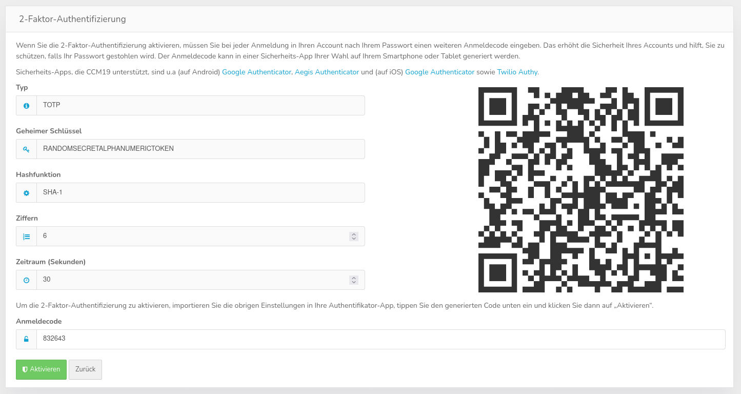 2FA-Dialog imClicksKeks-Backend mit eingetragenem Anmeldecode